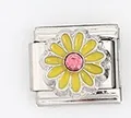 Detailed macro view of Italian charm link with yellow daisy flower and pink rhinestone - Yellow Daisy with Pink Rhinestone (0021-34)