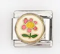 Detailed macro view of silver Italian charm link featuring a pink flower with green leaves - Pink Cartoon Flower (0021-35)