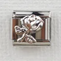 Macro detail of Italian style link charm with embossed rose floral design in silver metal - Silver Rose (0025-9)
