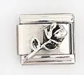 Detail of silver Italian charm with 3D rose engraving on brushed metal finish - Vintage Rose 3D Carving (0021-36)