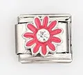 Detailed macro view of a pink enamel daisy Italian charm link with a crystal center - Pink Daisy with Diamond Core (0021-37)