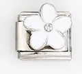 Close-up of silver Italian charm link with a white five-petal flower and central zircon - White 5-Petal Flower with Rhinestone (0021-39)