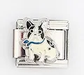 Detailaufnahme eines italienischen Charm-Moduls mit süßem Emaille-Französische-Bulldogge-Motiv - Französische Bulldogge Blauer Schal Stil (0015-36)