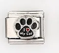 Detail eines italienischen Charms mit I love My Cat Text und schwarzem Pfotenabdruck - I Love My Cat Pfote Stil (0015-32)