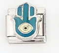 Macro shot of Italian charm link featuring a blue Hamsa Hand and Evil Eye design - Blue Hamsa Hand Style (0019-4)