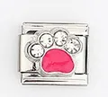Italienisches Charm-Glied mit rosa Hundepfote und Strasssteinen für modulare Armbänder - Rosa Pfote mit 3 Strass Stil (0015-30)
