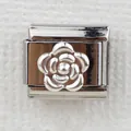 Italian charm link with a 3D rose flower design in high polished stainless steel - Silver Camellia (0025-4)