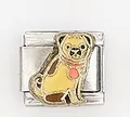 Nahaufnahme eines italienischen Charm-Glieds mit Mops-Hund-Motiv aus Emaille-Dekor - Mops Stil (0015-27)