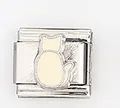 Detailansicht eines silbernen italienischen Charms mit einer cremefarbenen Katzensilhouette - Beige Katzen Silhouette Stil (0015-25)