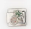 Détail d'un charm de style italien en acier inoxydable avec un motif d'ananas vert - Style Ananas en Relief (0016-18)