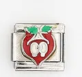 Vue détaillée d'un charm italien en acier inoxydable avec design de pomme rouge - Style Pomme avec Feuille (0016-23)