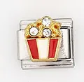Italian charm link featuring a red and white popcorn bucket design with crystals - Rhinestone Popcorn Pattern (0016-19)