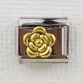Italian style stainless steel link charm featuring a golden camellia flower design - Gold Camellia (0025-12)