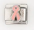Italian modular charm link in stainless steel featuring a pink enamel awareness ribbon - Pink Ribbon Style (0019-1)
