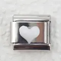 Close-up of Italian charm link with white heart detail on polished stainless steel base - Silver Base White Heart (7)
