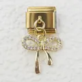 Macro shot of gold Italian charm link featuring a sparkling crystal-encrusted ribbon bow - Rhinestone Bowknot Style (9)
