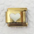 Macro shot of Italian charm link featuring a white heart set on a polished gold base - Gold Base Milky White Heart (10)