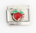 Maillon de bracelet italien avec motif de fruit rouge et feuilles vertes en argent - Style Fruit Rouge Feuille Verte (0016-6)