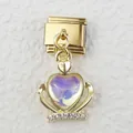 Italian charm link with gold finish and purple crystal heart crown pendant - Heart Crown Style (12)