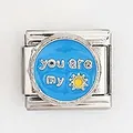Italian modular charm in silver stainless steel with blue 'you are my' sun design - You Are My Sun With Sun Icon (0018-5)