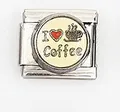 Italian charm link in stainless steel featuring an 'I Love Coffee' graphic design - I Love Coffee With Cup (0018-10)