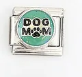Italian charm bracelet link with silver finish featuring green glitter Dog Mom design - Dog Mom With Paw Print (0018-11)