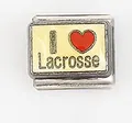 Italian charm link with I Lacrosse text and red heart on yellow enamel finish - I Love Lacrosse With Heart (0018-14)
