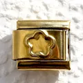 Macro detail of a 9mm gold modular Italian charm with a 3D embossed flower design - Gold Five-petal Flower (13)