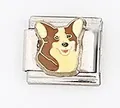 Italienisches Charm-Glied mit braun-weißem Corgi-Emailledesign aus Edelstahl-Material - Corgi Stil (0015-7)