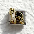 Macro detail of Italian charm bracelet link featuring a black and white enamel dog - Silver Boston Terrier (6)