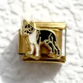 Detail of Italian charm bracelet link with black and white enamel dog charm in gold - Gold Boston Terrier (5)