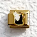 Macro shot of gold Italian charm link with black and white wolf head enamel detailing - Gold Wolf Head (7)