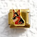 Detailed close-up of Italian style gold-plated modular link with German Shepherd enamel design - Gold German Shepherd (9)