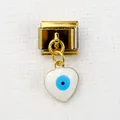 Detailed close-up of golden heart charm with blue evil eye on Italian starter link - White Heart Evil Eye Style (6)