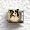 Macro shot of Italian charm link featuring black and white Border Collie enamel design - Silver Border Collie (14)