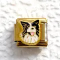 Macro view of gold Italian charm featuring a cute black and white enamel dog pendant - Gold Border Collie Head (13)