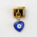 Detail of Italian gold charm link featuring a blue enamel heart and evil eye symbol - Dark Blue Heart Evil Eye Style (8)