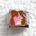 Macro view of 9mm stainless steel Italian charm link with colorful enamel dog design - Silver Dog Head Pattern (2)