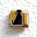 Macro view of a gold Italian charm link featuring a black dog silhouette and silver border - Gold Animal Silhouette (17)