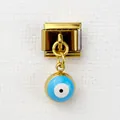Detail of Italian style gold-plated charm featuring a blue evil eye bead on modular link - Nazar Sphere Evil Eye Style (11)