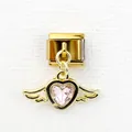 Italian charm link in gold with a pink heart gemstone wing pendant for DIY bracelets - Angel Heart Pink (1)