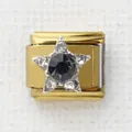 Macro shot of Italian charm link featuring a silver star with dark grey crystal in gold - Gold & Silver Star Black Rhinestone (4) / Gold and Silver