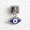 Italian charm link with silver stainless steel base and blue evil eye pendant detail - Evil Eye Style