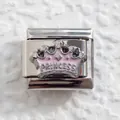 Macro view of silver crown charm with pink enamel and Princess engraving for DIY bracelets - Pink Princess Crown Style (9)
