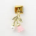 Italian charm link with golden leaves, pearl, and pink lily of the valley floral design - Artificial Pearl Pink Lily of the Valley (13)