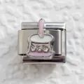Macro shot of Italian charm bracelet link with pink enamel hat and inlaid crystals - Pink White Hat Rhinestone Style (10)
