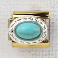 Macro shot of Italian style gold charm link with turquoise stone and rope edge detail - Turquoise Look Oval Stone(16)