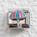 Macro shot of stainless steel modular link with pink and blue enamel umbrella design - Pink Blue Umbrella Style (11)