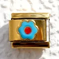 Italian charm link with a blue flower pattern on a golden stainless steel base - Blue and Red Flower (26)