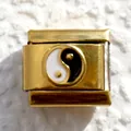 Golden Italian charm link featuring a black and white Yin Yang balance symbol for DIY bracelet - Black and White Yin Yang (27)